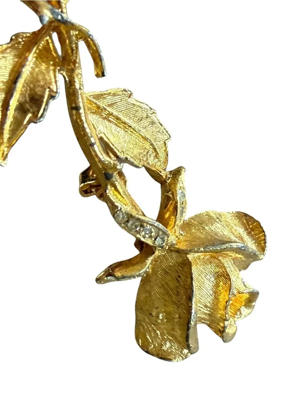 Vintage Gold Tone Long Stem Rose Brooch Pin With White Rhinestone Detail
